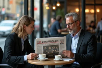 Homme et femme d'affaires lisant un journal dans un café urbain