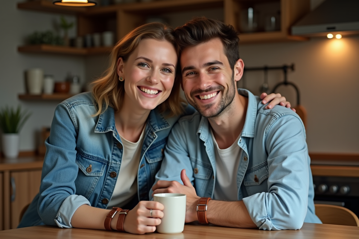 Jeune couple souriant dans leur intérieur avec bracelets en cuir