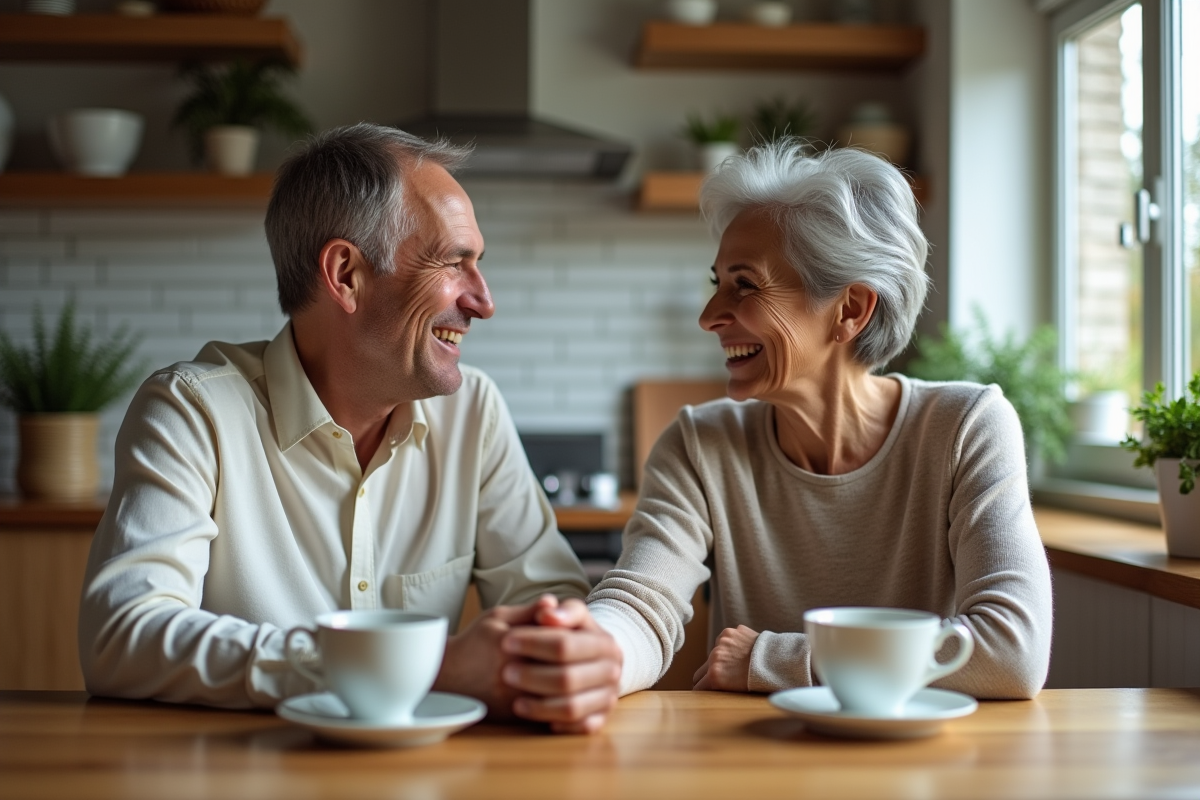 Couple mature partageant un café dans leur cuisine chaleureuse