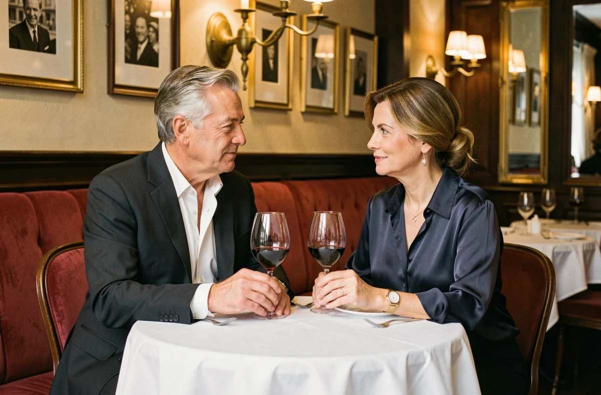Couple dîner dans une brasserie parisienne classique, atmosphère intime et conjugale élégante