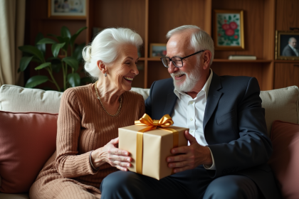 Couple âgé échangeant un cadeau de Noël élégant