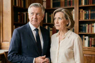 Couple élégant d'âge mûr posant dans un intérieur parisien classique avec bibliothèque, portrait éditorial raffiné