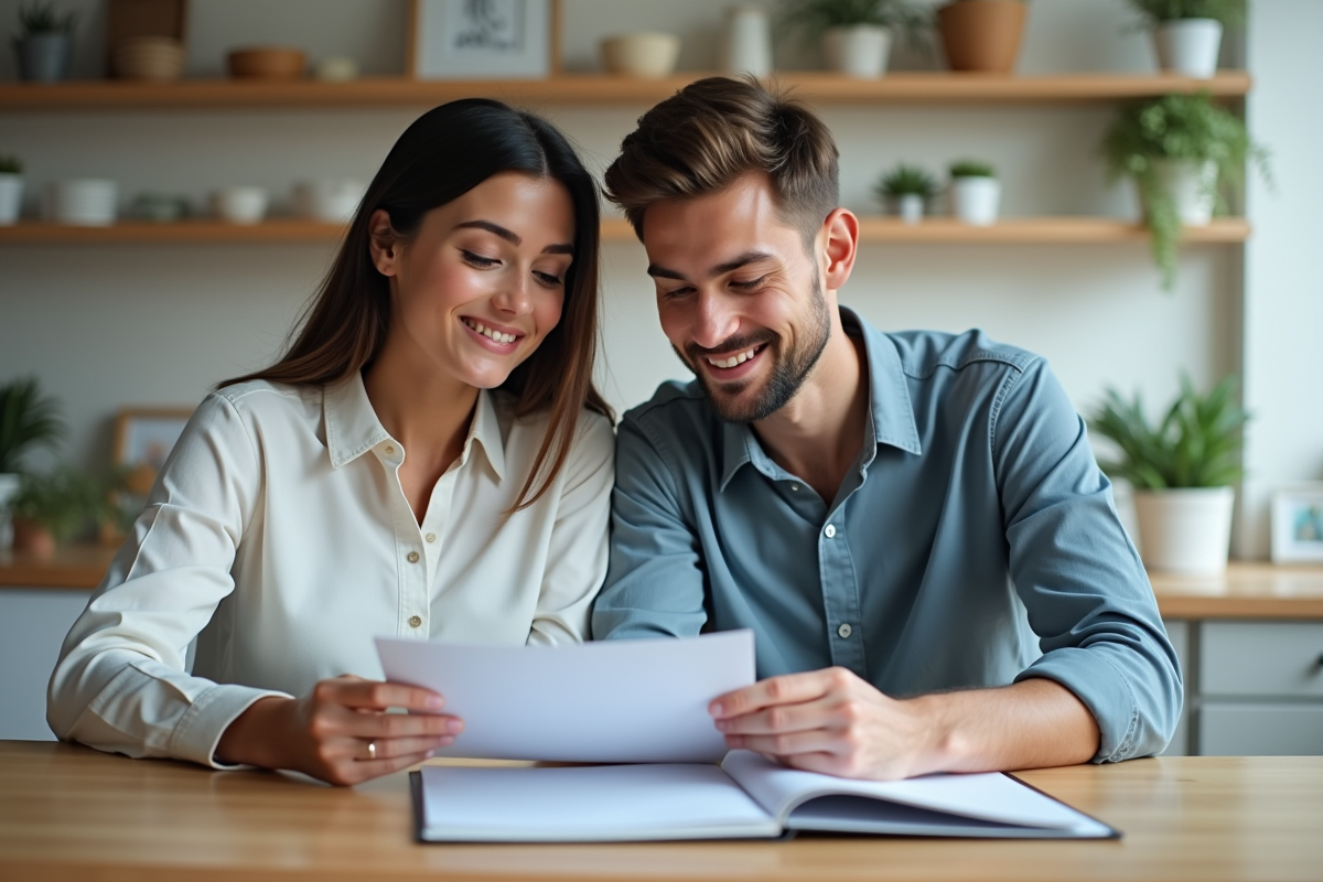 Jeune couple regardant des brochures de mariage à la maison