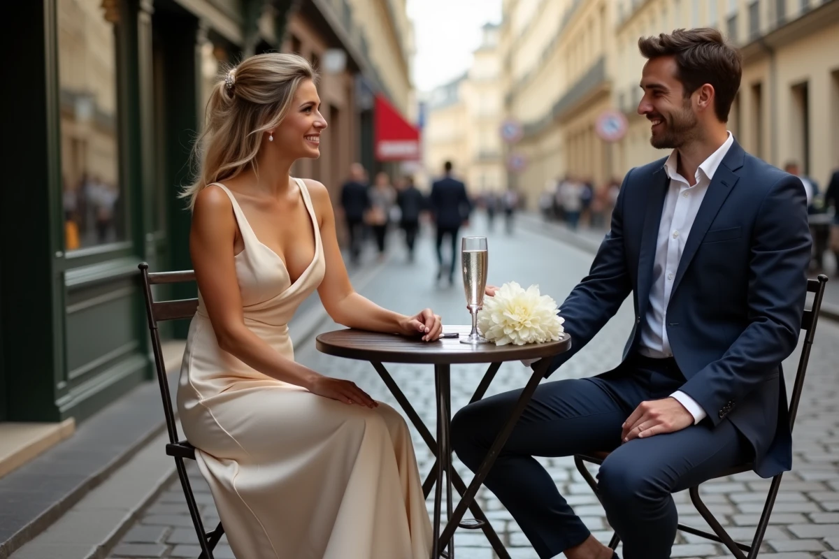 Couple lors d'un mariage civil intimiste en terrasse de café parisien, mariée en robe de soie champagne et marié en costume bleu marine