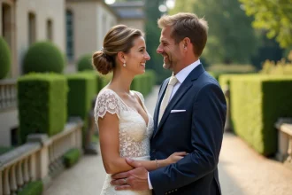 Couple élégant lors d'une réception de mariage dans un jardin de château français, l'homme en costume marine et la femme en robe en dentelle ivoire