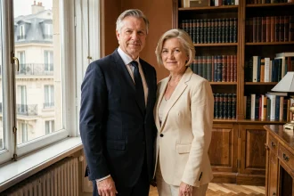 Couple élégant dans un intérieur parisien raffiné évoquant la vie conjugale et le mariage
