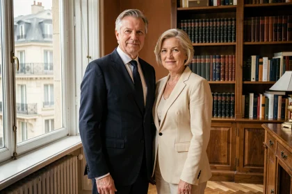 Couple élégant dans un intérieur parisien raffiné évoquant la vie conjugale et le mariage
