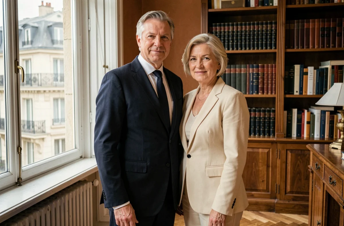 Couple élégant dans un intérieur parisien raffiné évoquant la vie conjugale et le mariage