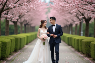 Jeune couple souriant en mariage dans un jardin en fleurs