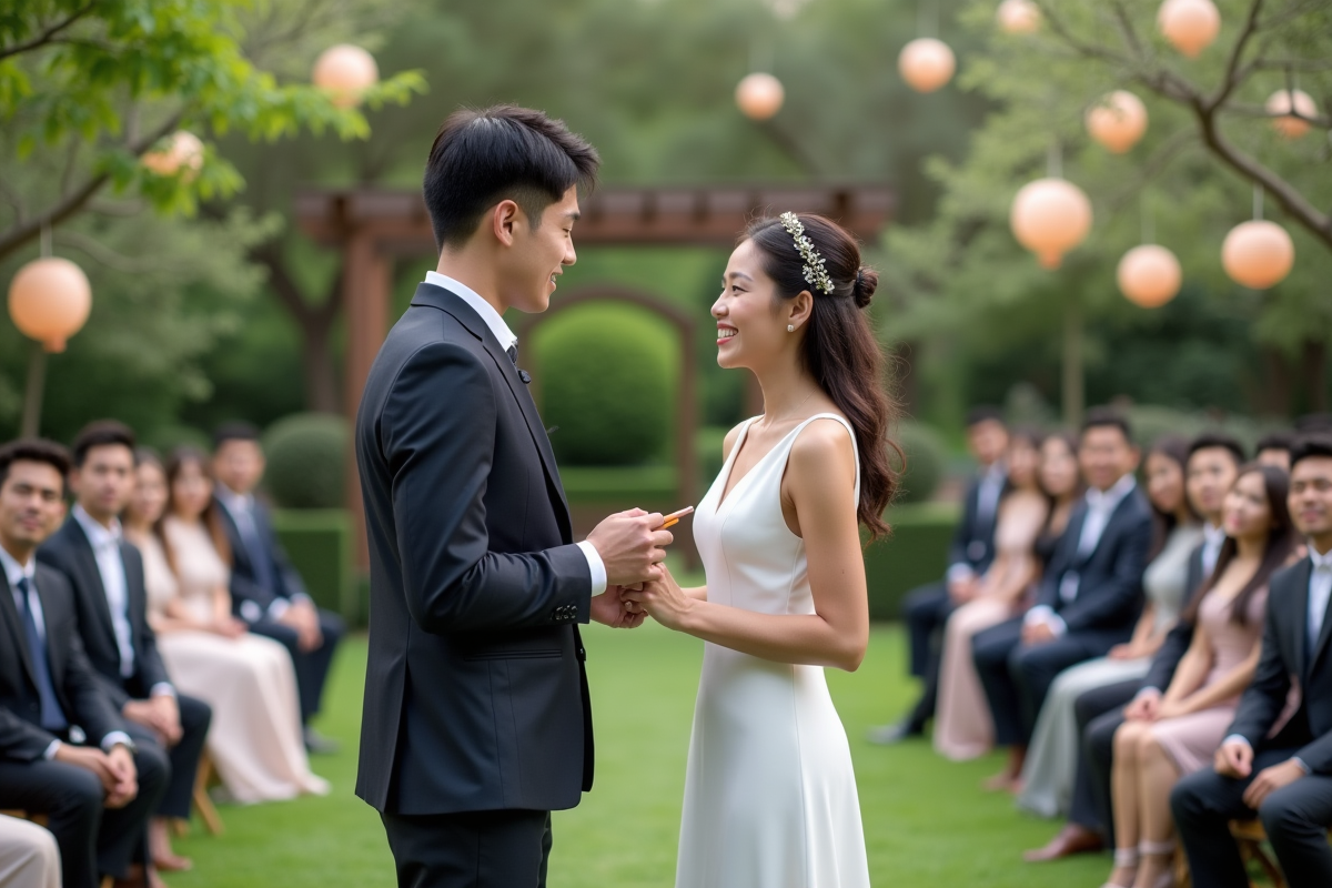 Couple souriant échangeant vœux dans un jardin élégant