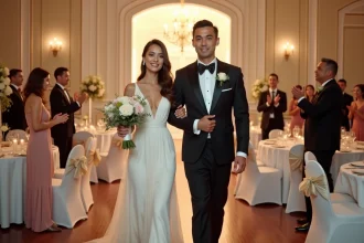 Jeune couple élégant entrant dans la salle de mariage