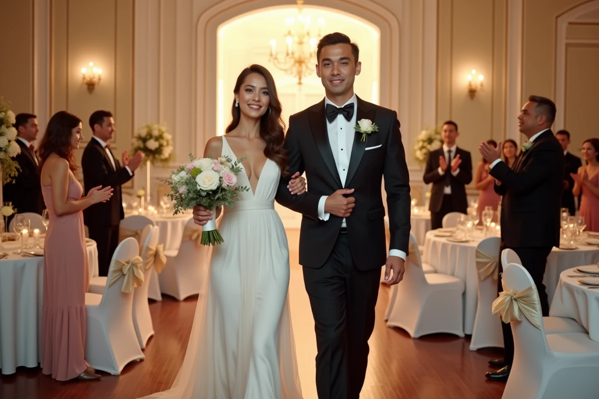 Jeune couple élégant entrant dans la salle de mariage