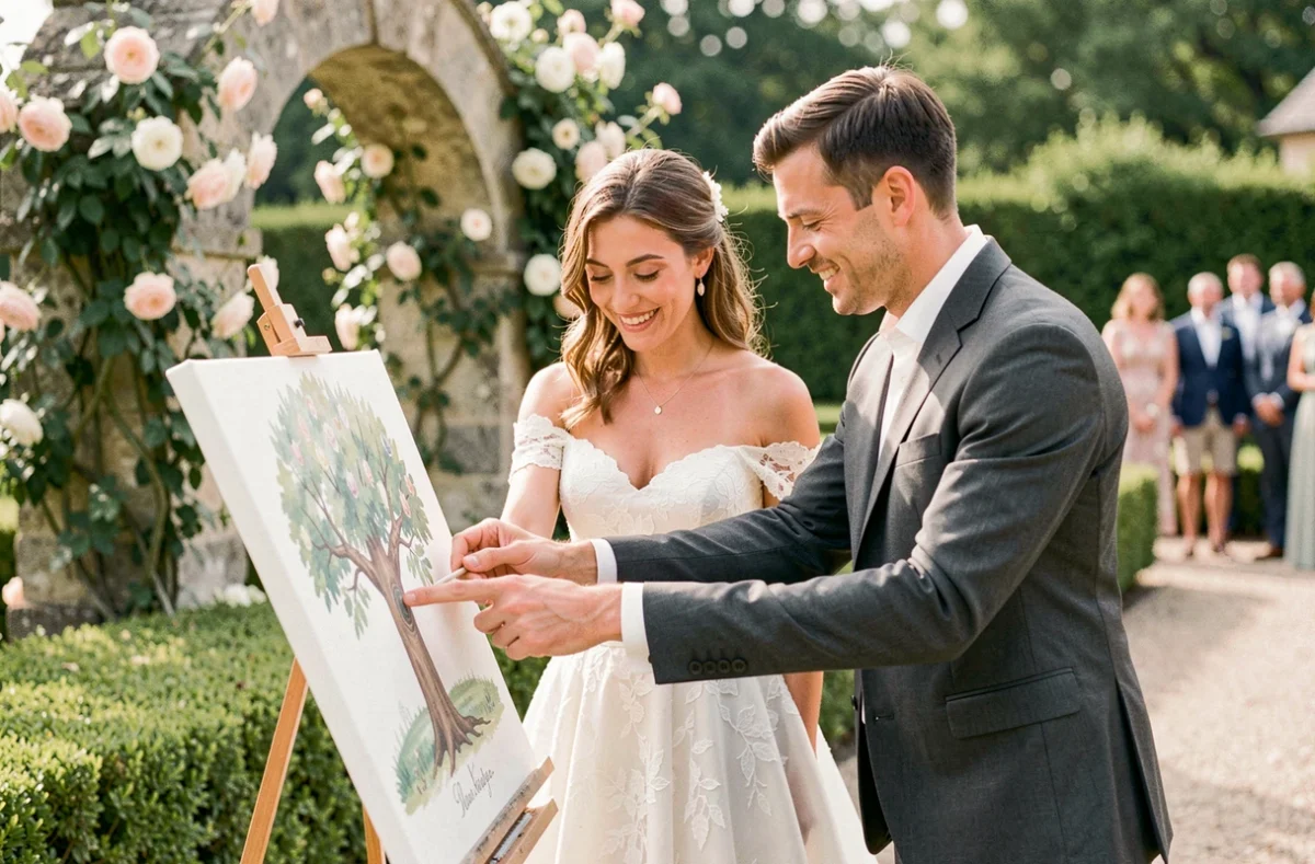 Couple de mariés appliquant leurs empreintes sur un arbre à empreinte lors d'une cérémonie de mariage en jardin