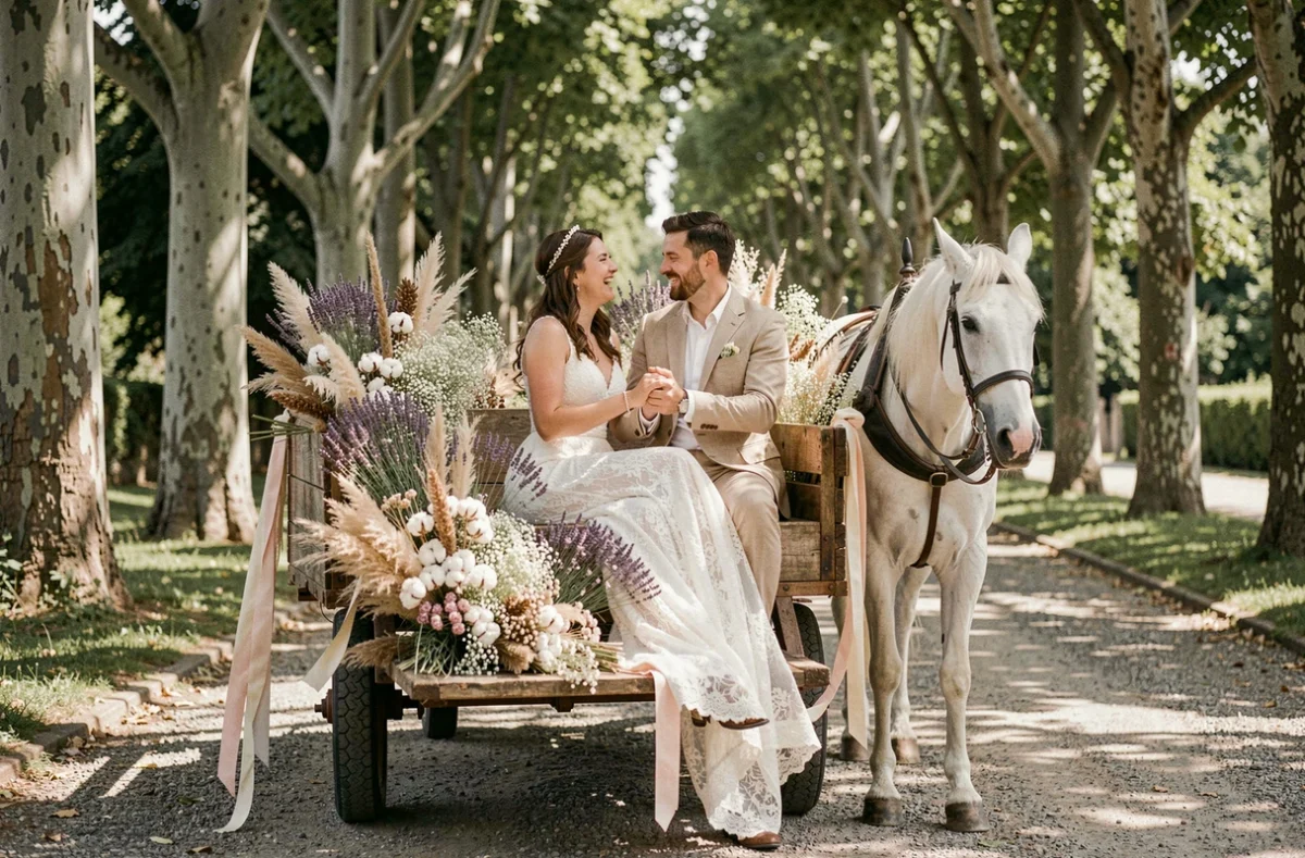 Couple de mariés bohèmes dans une calèche fleurie lors du cortège de mariage sur une allée d'arbres