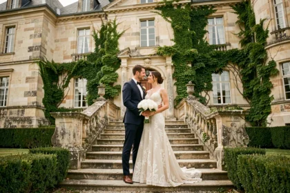 Couple de mariés devant un château historique près de Compiègne lors d'une séance photo de mariage