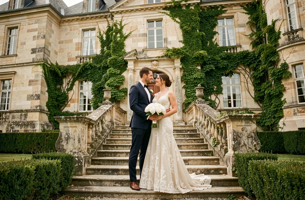 Couple de mariés devant un château historique près de Compiègne lors d'une séance photo de mariage