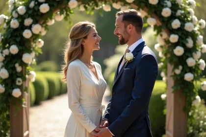 Couple célébrant 15 ans de mariage dans un jardin fleuri, noces de cristal