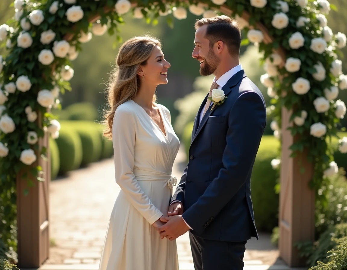 Couple célébrant 15 ans de mariage dans un jardin fleuri, noces de cristal