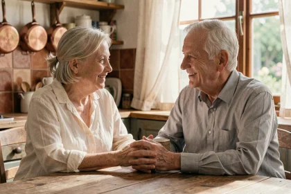 Couple de personnes âgées tenant leurs mains enlacées autour d'une tasse de café dans une cuisine rustique chaleureuse, célébrant 50 ans de vie commune