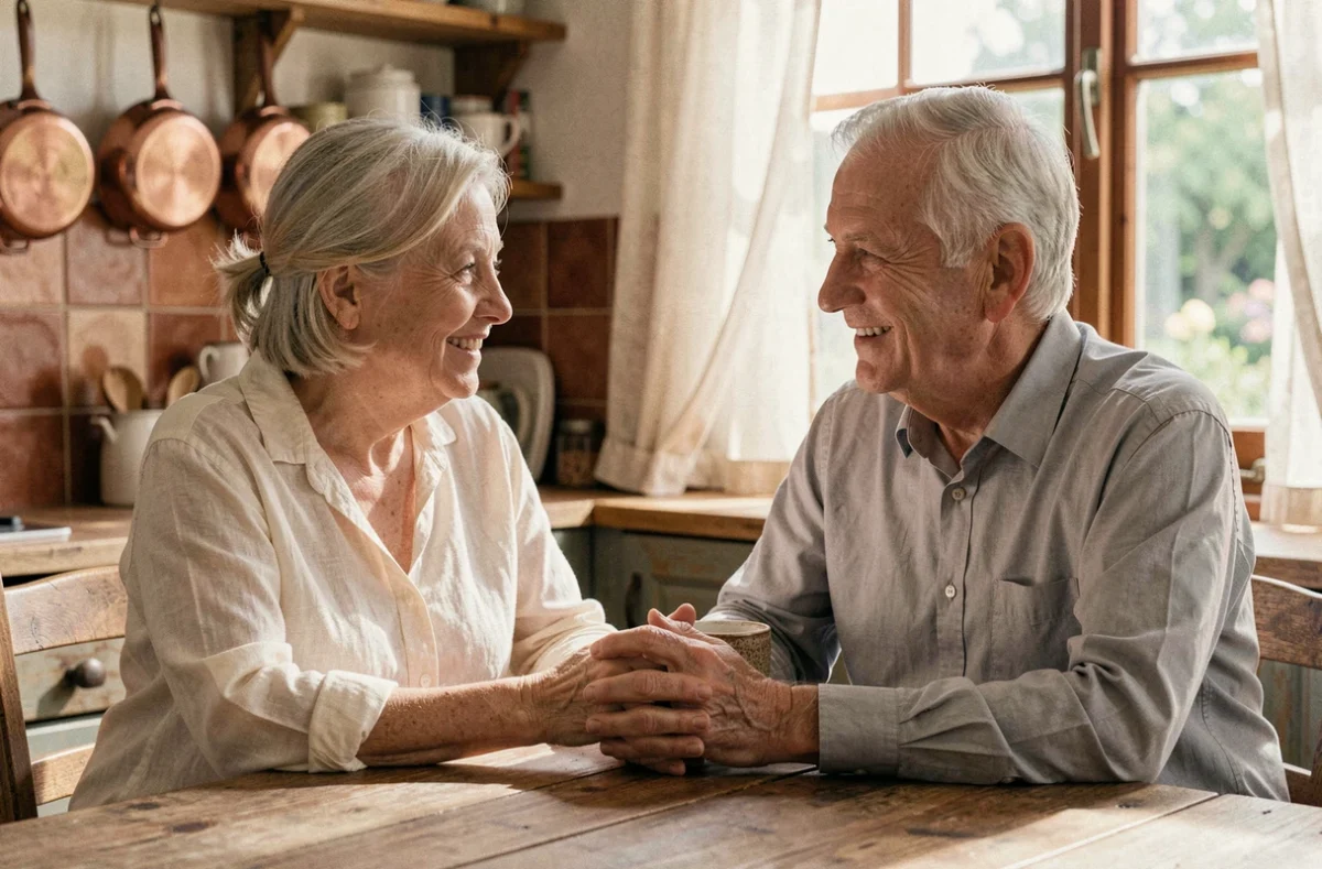 Couple de personnes âgées tenant leurs mains enlacées autour d'une tasse de café dans une cuisine rustique chaleureuse, célébrant 50 ans de vie commune