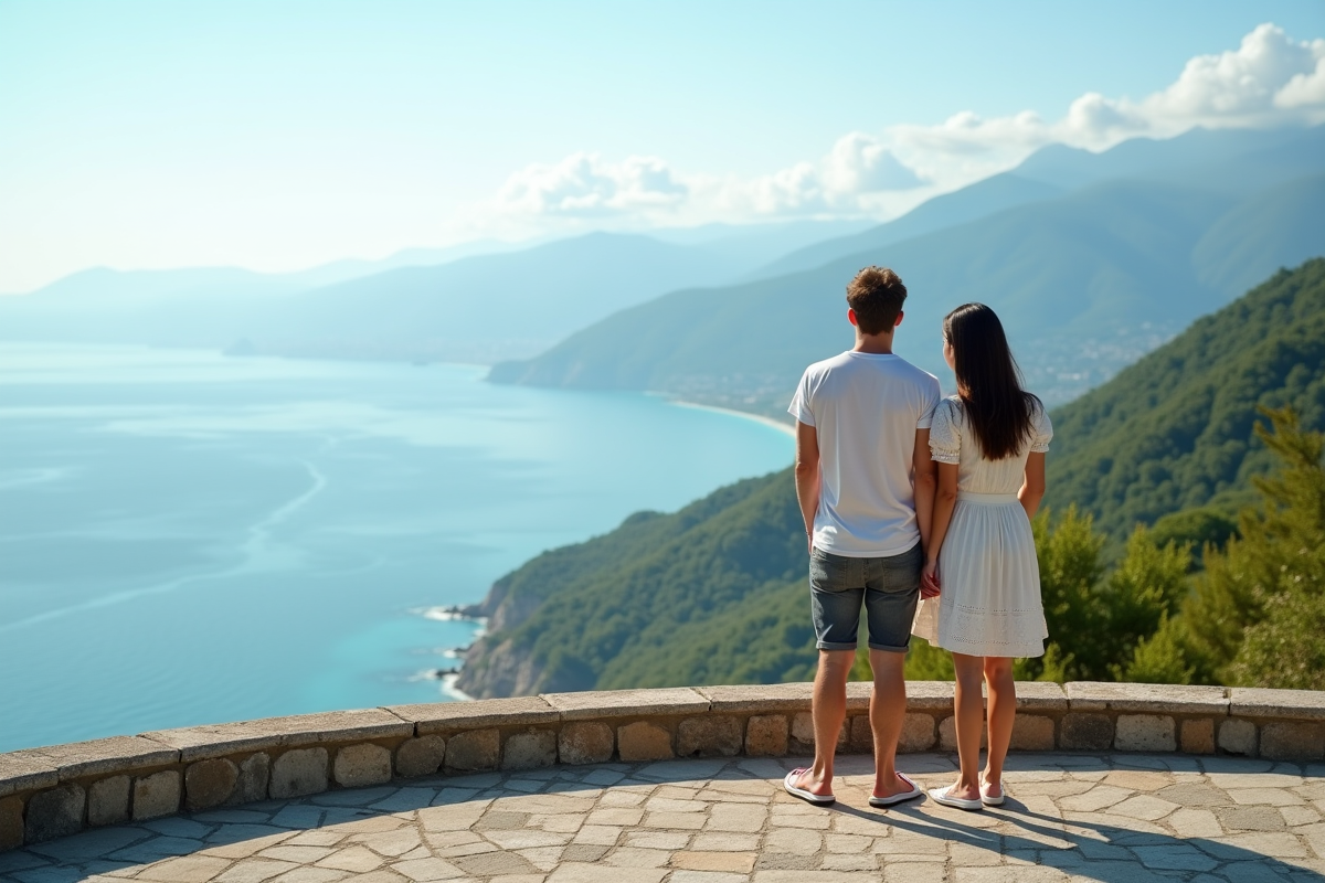 Jeune couple admirant la vue sur la côte en voyage