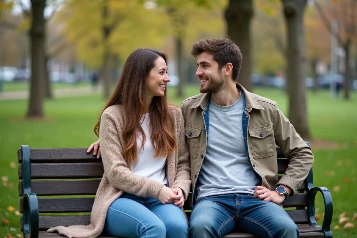 Jeune couple assis sur un banc dans un parc urbain