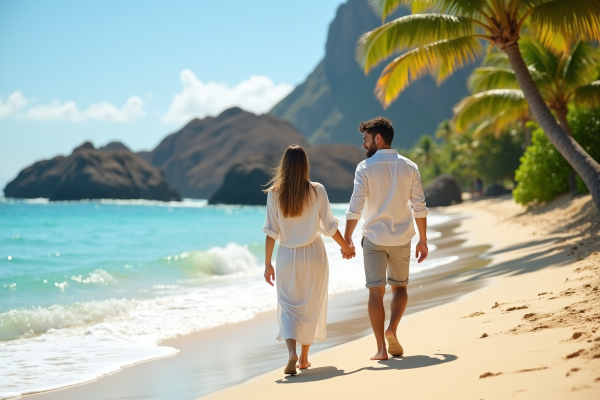 Jeune couple marche sur la plage hawaienne en tenue légère