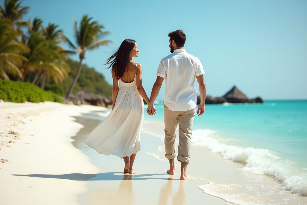 Jeune couple main dans la main sur une plage de sable blanc