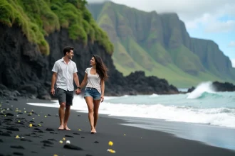 Jeune couple main dans la main sur plage de Waipio