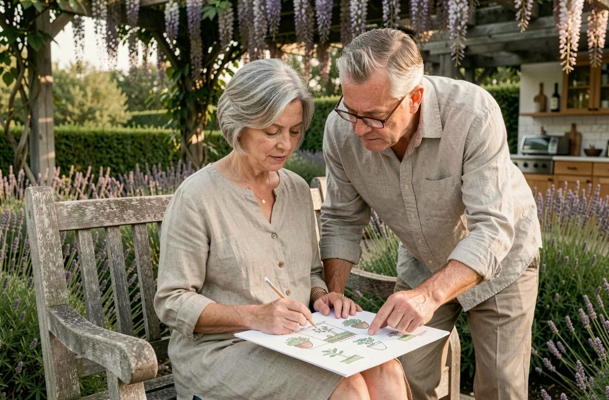 Couple planifiant l'aménagement de leur jardin ensemble sur une terrasse entourée de lavande et de glycine