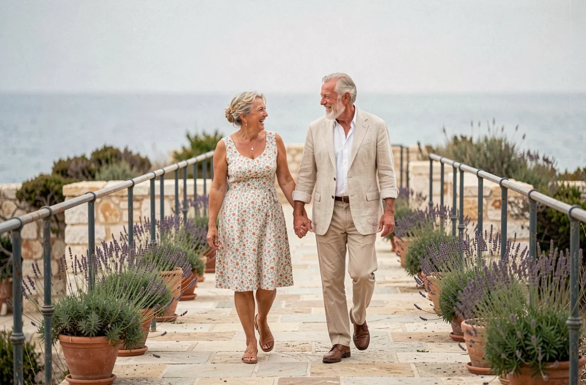 Couple de septuagénaires marchant main dans la main sur une promenade côtière en pierre, riant ensemble lors d'une promenade romantique après 50 ans de mariage