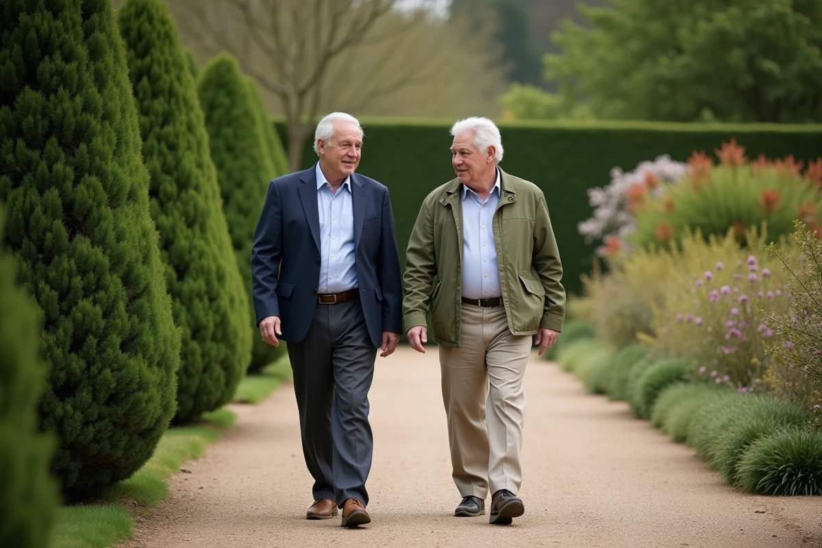 Deux hommes marchant ensemble dans un jardin botanique, illustrant une complicité sereine et une passion partagée pour les plantes