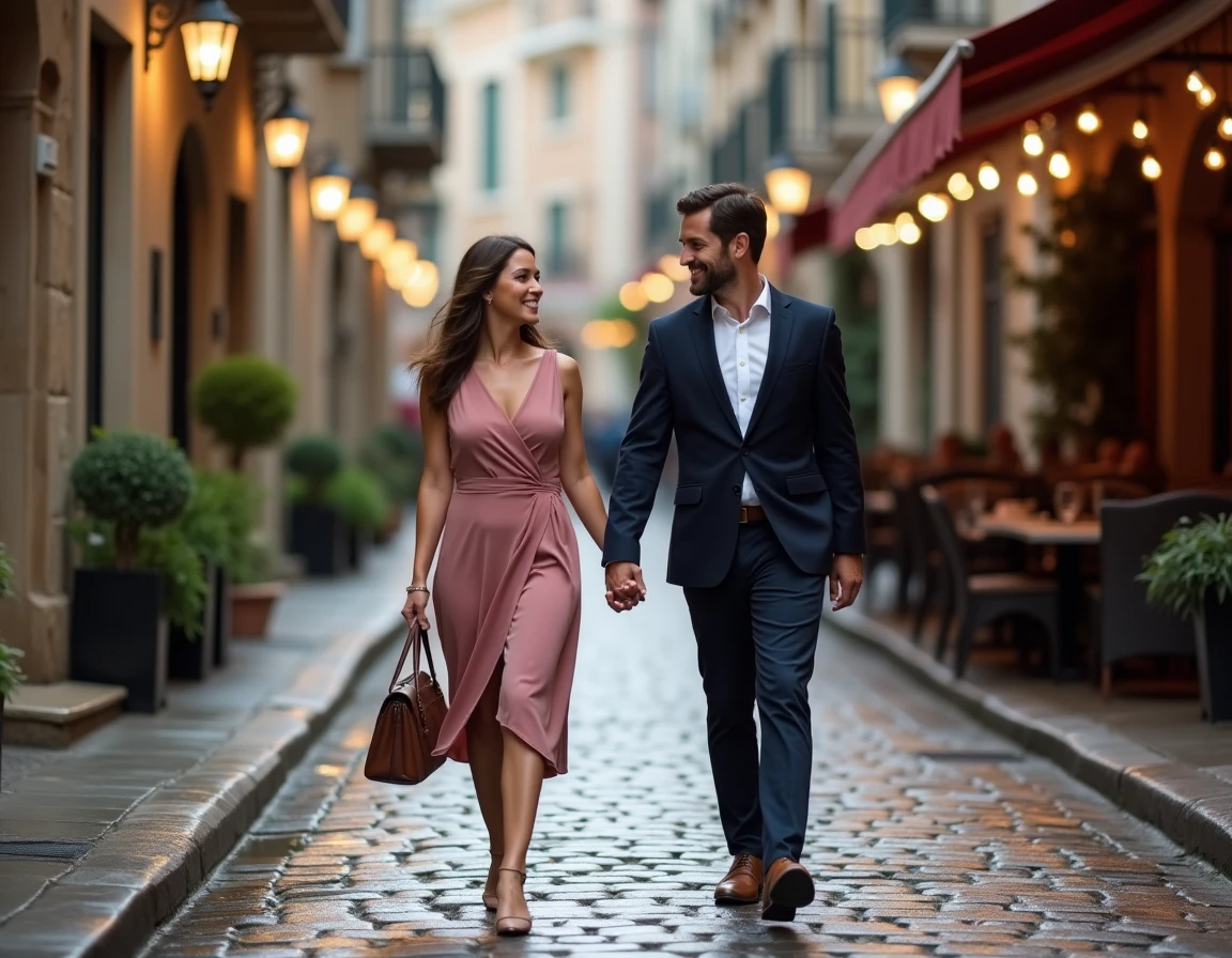 Couple élégant se promenant main dans la main dans une rue pavée pour fêter leurs noces de rose après 17 ans de mariage