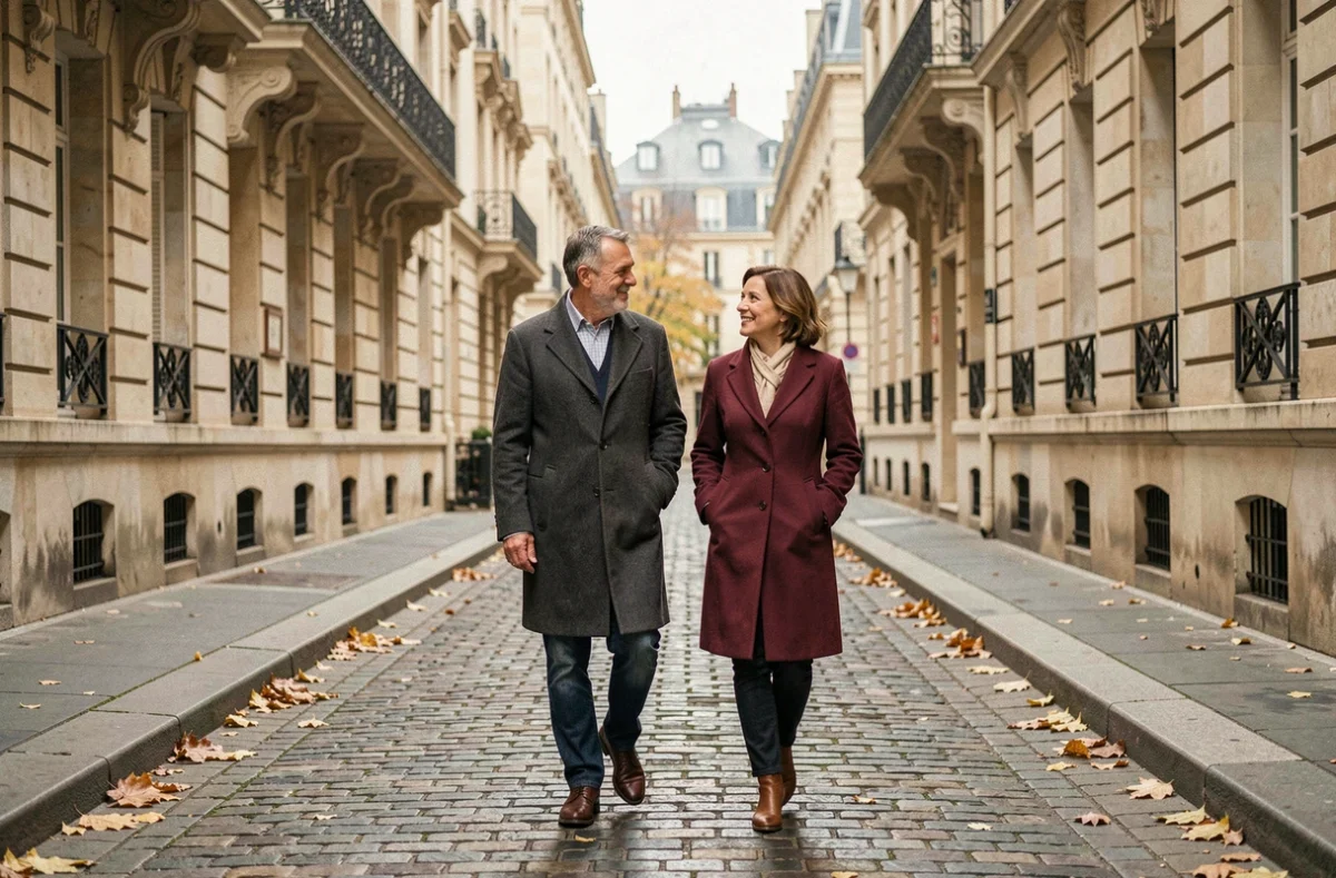 Couple mature se promenant dans une rue pavée parisienne à l'automne, évoquant la vie commune