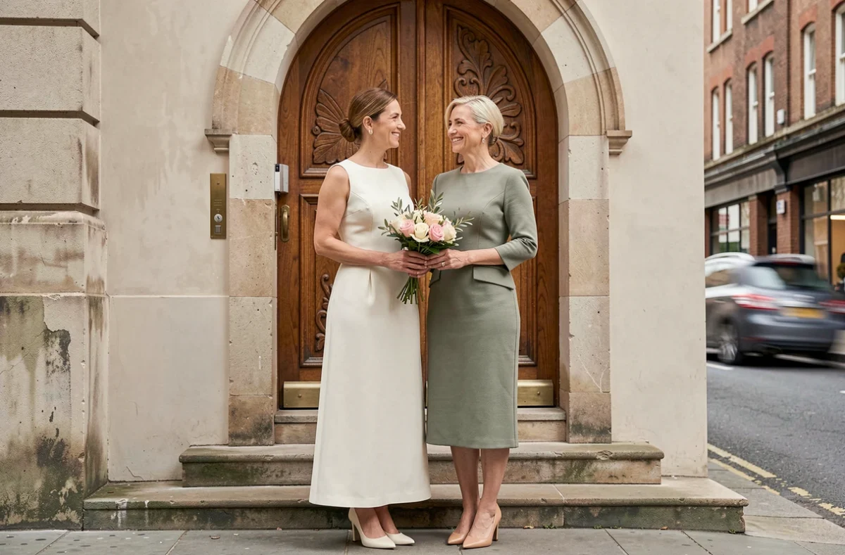 Deux femmes en tenues simples et élégantes pour un mariage civil et remariage devant une mairie, robe crème et robe vert sauge