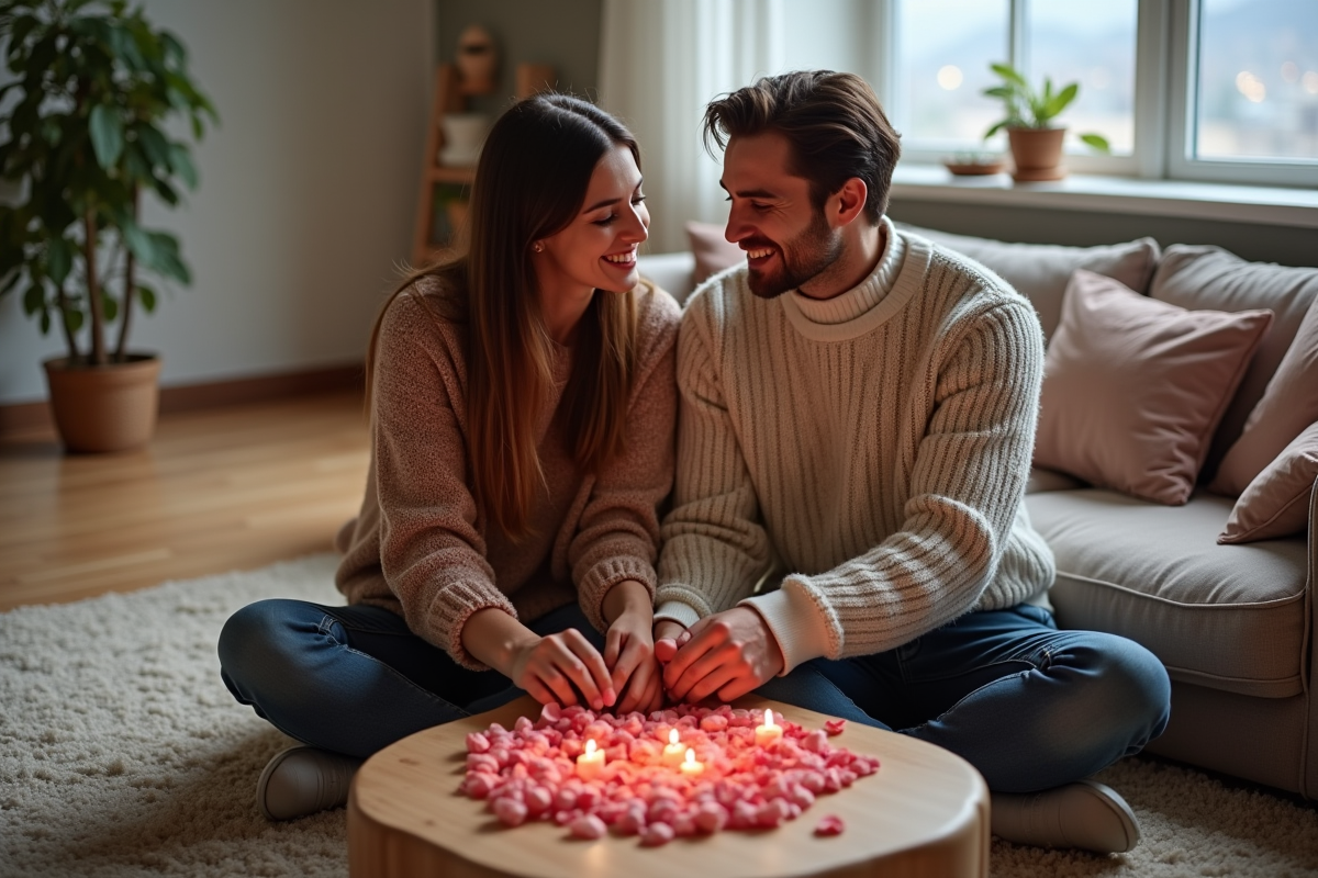 Couple dans un salon partageant un regard tendre avec des pétales de rose