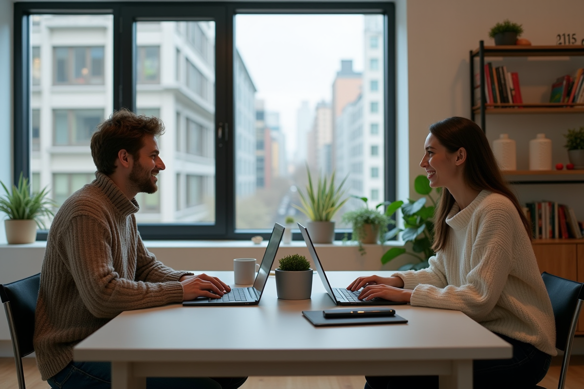 Couple en visioconference dans leurs appartements modernes