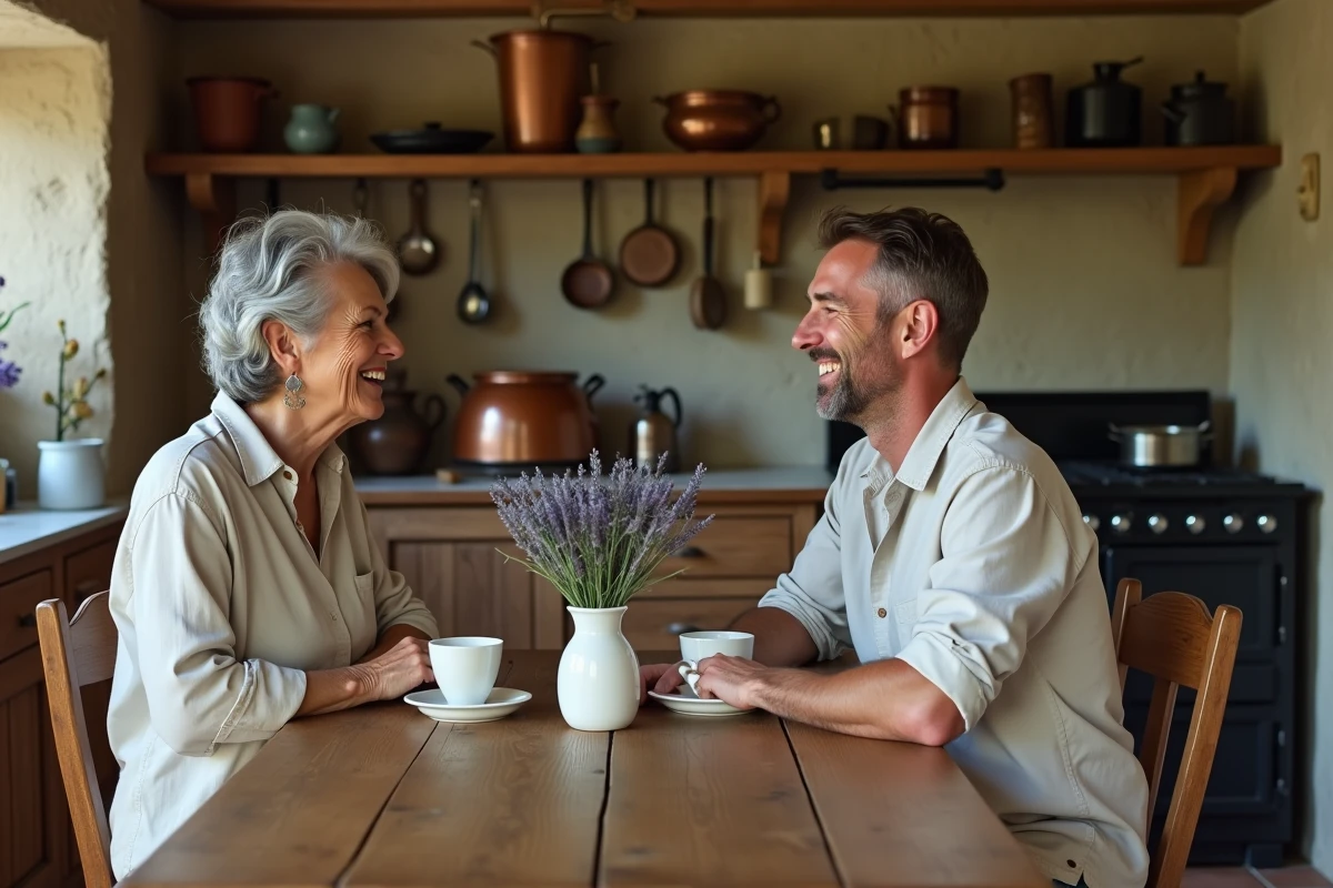 Couple partageant un moment complice dans une cuisine de ferme française authentique, illustrant la vie intime et le bonheur conjugal loin des caméras