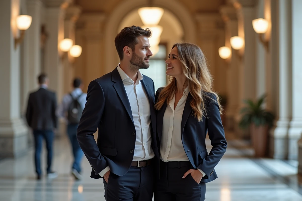 Couple en tenue formelle dans un hall urbain élégant