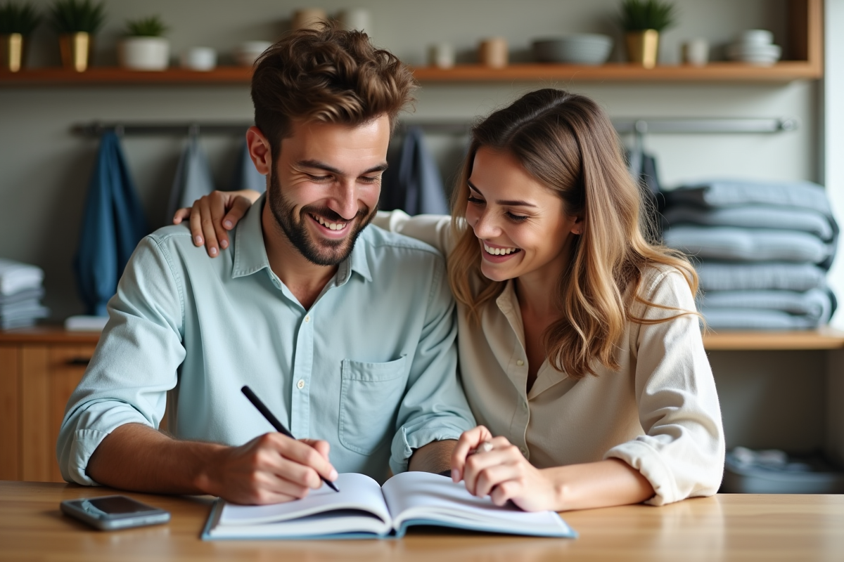 Jeune couple souriant partageant un guide de voyage à la cuisine