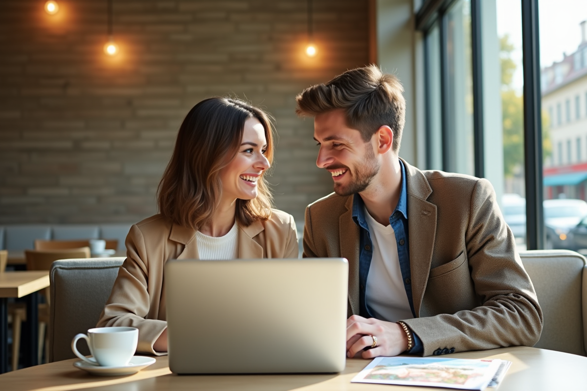 Jeune couple souriant au café planifiant leur lune de miel