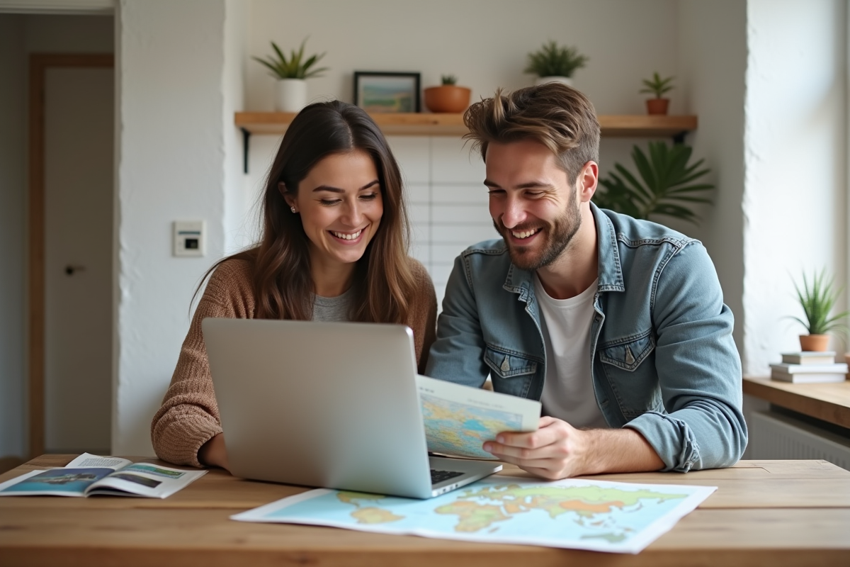 Jeune couple planifiant un voyage à la maison