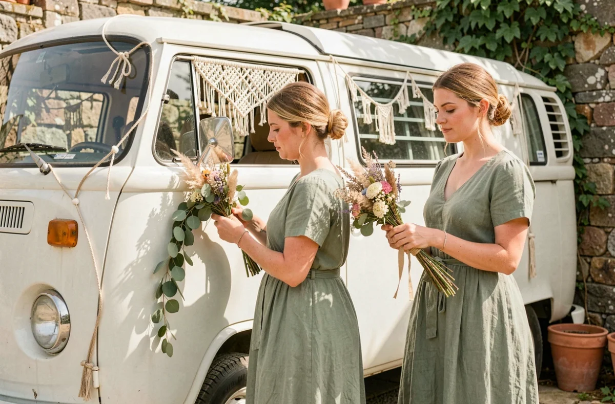 Demoiselles d'honneur décorant un combi Volkswagen blanc avec des fleurs séchées pour un mariage bohème