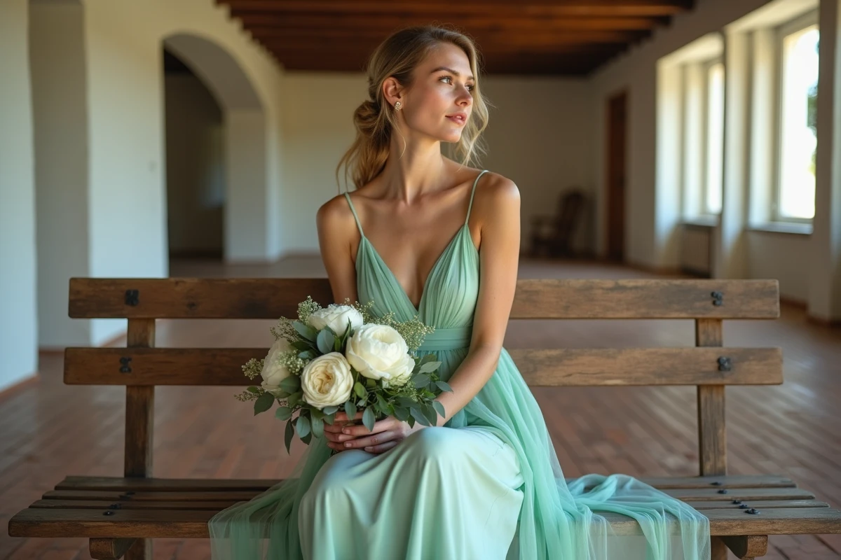 Demoiselle d'honneur assise en robe mi-longue vert d'eau tenant un bouquet de pivoines blanches dans un manoir provençal