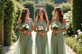 Trois demoiselles d'honneur en robe verte sauge dans un jardin fleuri lors d'un mariage champêtre