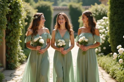 Trois demoiselles d'honneur en robe verte sauge dans un jardin fleuri lors d'un mariage champêtre