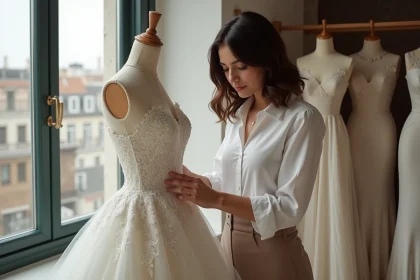 Jeune designer en atelier cr&eacute;ant une robe de mariage &eacute;l&eacute;gante