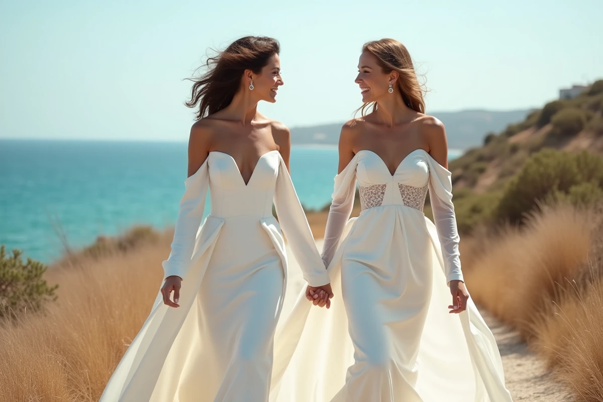 Deux mariées en robes blanches tendance 2026 marchant sur un chemin côtier méditerranéen, silhouettes modernes et intemporelles
