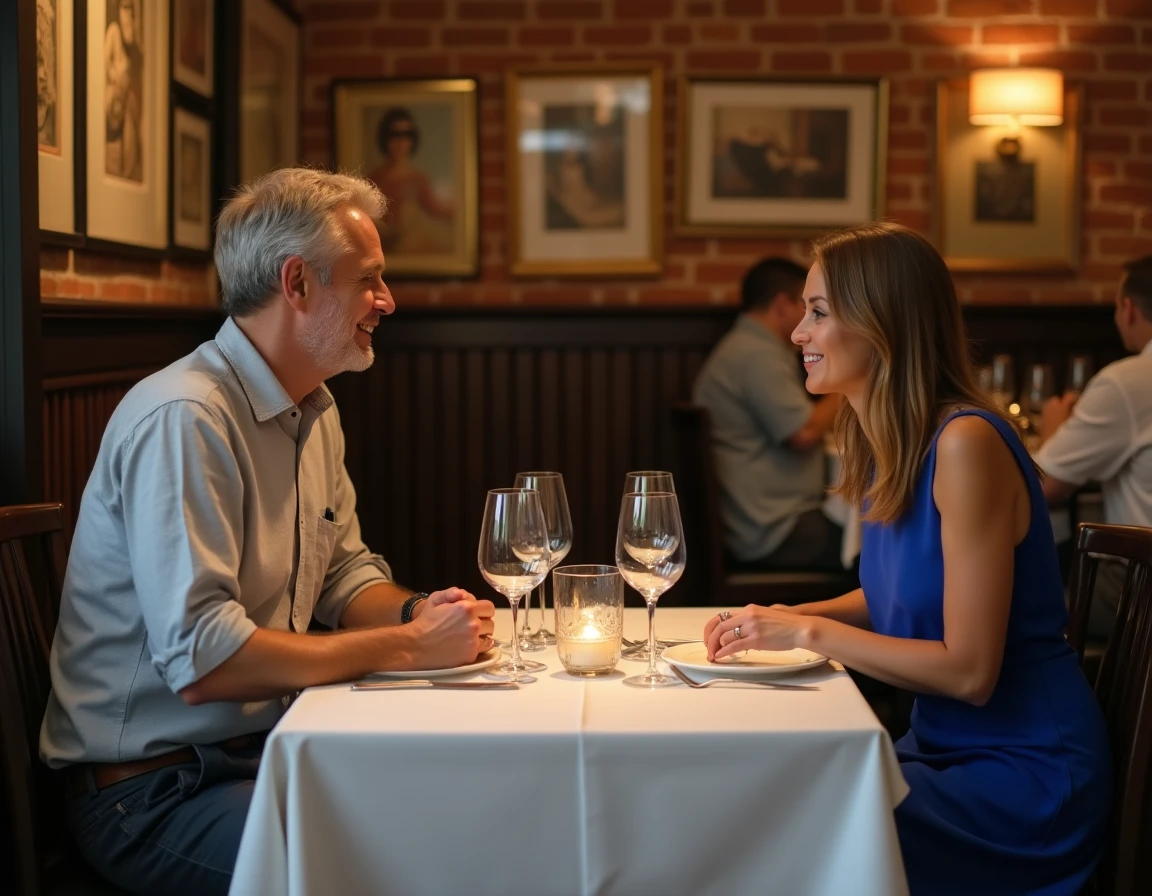 Couple dînant au restaurant pour leurs 15 ans de mariage, verres en cristal et ambiance romantique