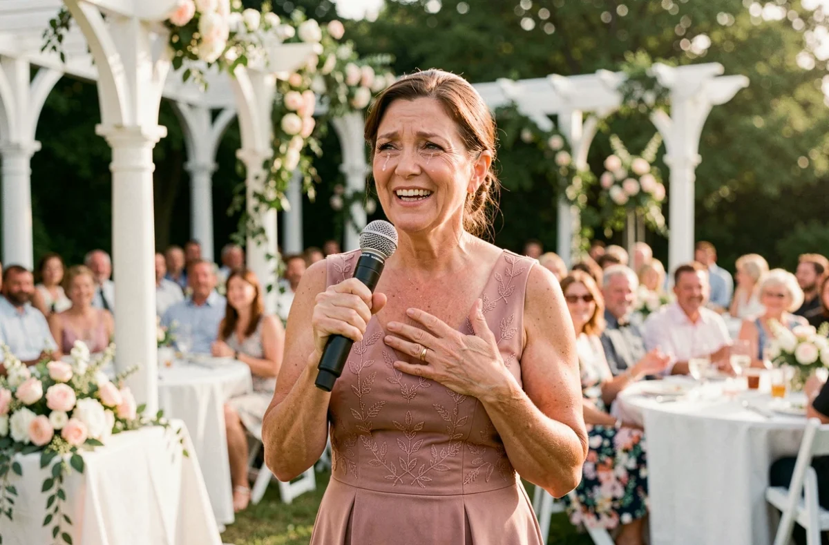 Mère de la mariée en robe rose poudré prononçant un discours touchant lors d'un mariage en plein air